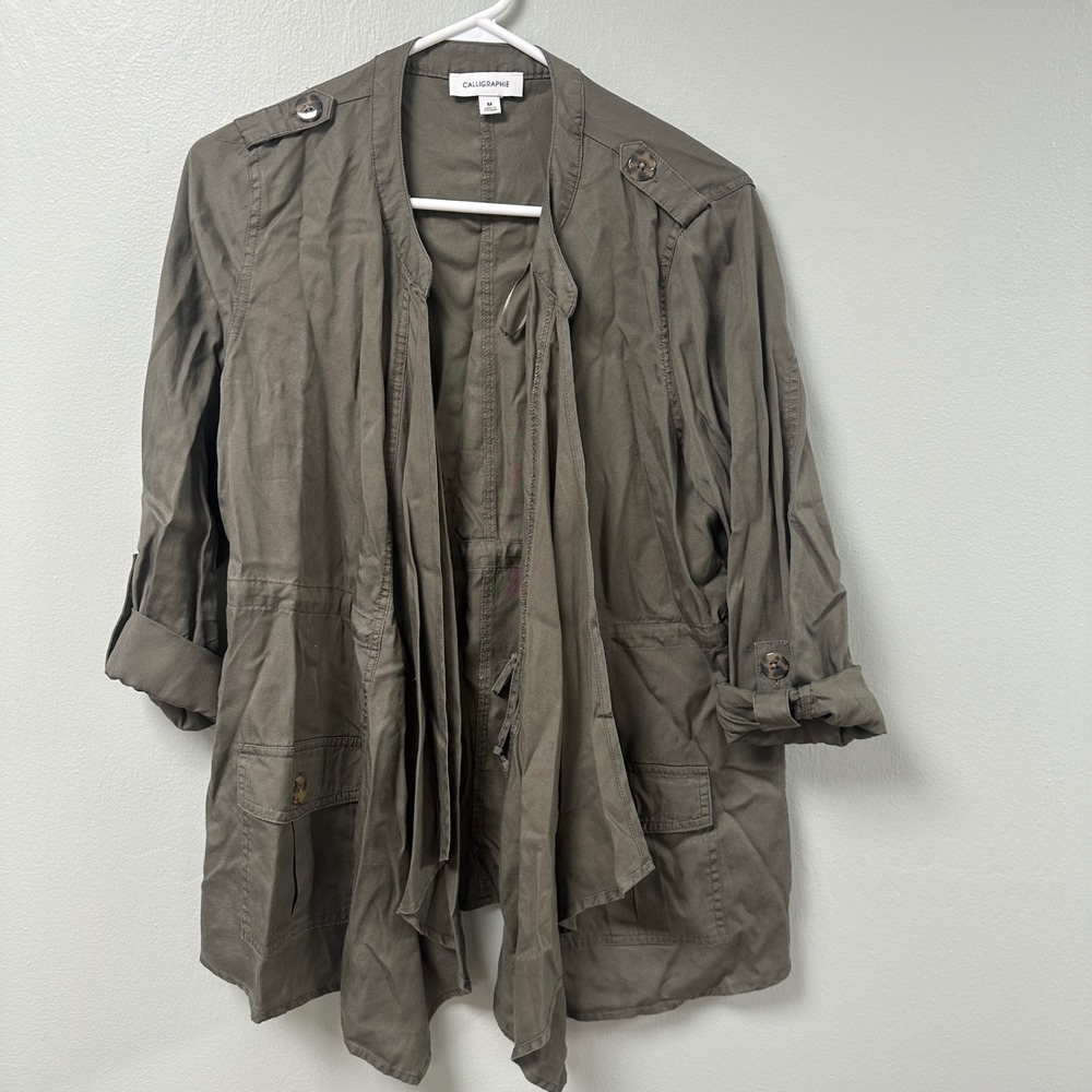 Calligraphie Womens Olive‎ Green Lyocell Utility Jacket Draped Open Front Medium